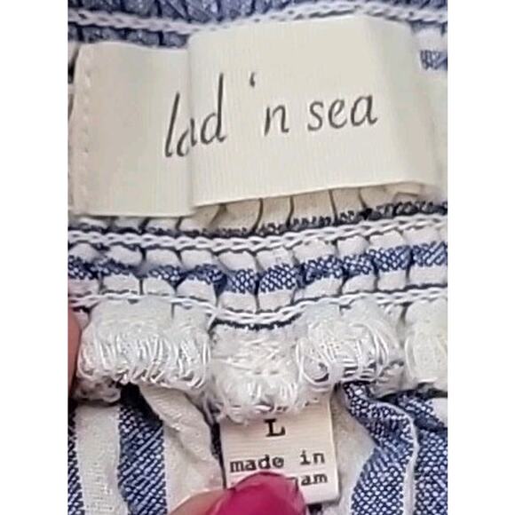 Beachy Resort Wear Linen Blend Coastal Wide Leg Pants L Blue Stripe Cropped - Picture 4 of 7